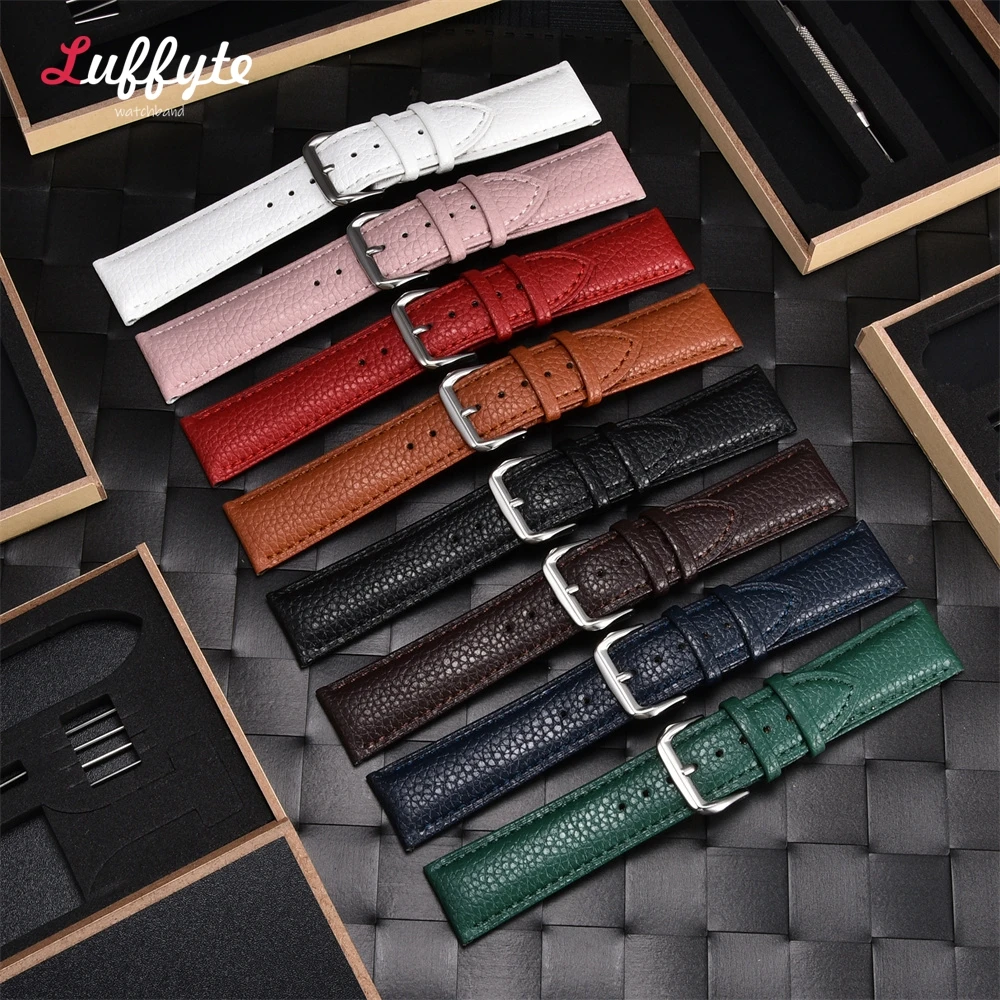 Litchi Grain Soft Leather Watch Strap with Gift Box Packaging Business Men Women Watchbands 18mm 20mm 22mm 24mm