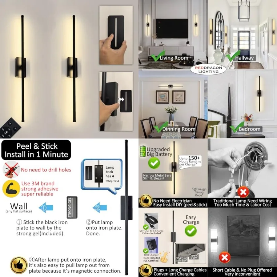Easy Install Peel and Stick on Battery Operated Wall Sconces Set of 2 Rechargeable, Magnetic Linear Wall Sconce Wireless Long P