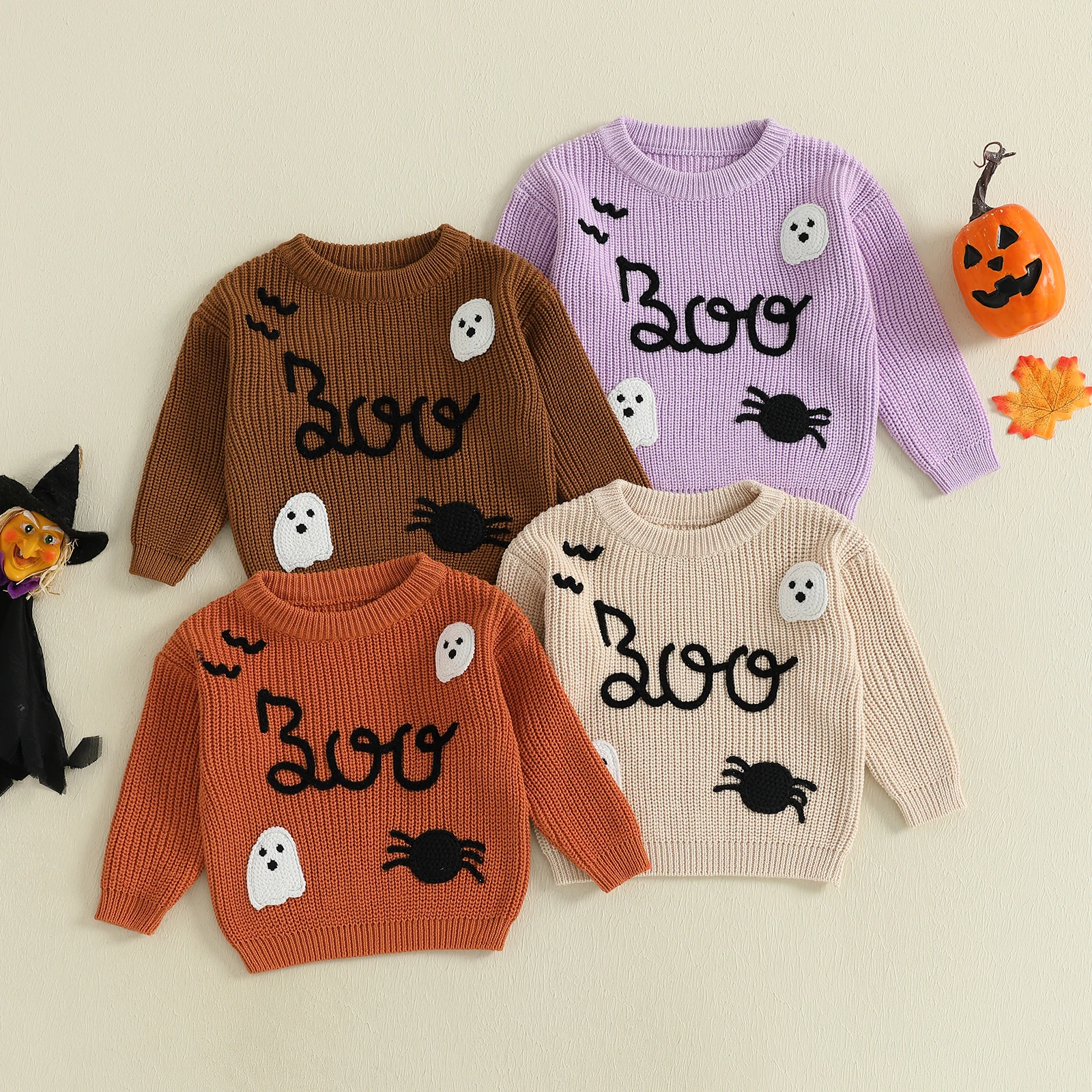0-5Y Toddler Baby Girls Boys Halloween Pumpkin Sweaters Long Sleeve Crew Neck Winter Warm Knitwear Pullover Jumpers Tops