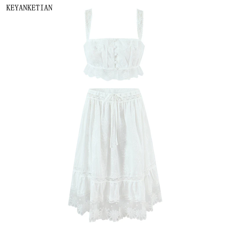 

KEYANKETIAN Women Cotton White Lace Two Piece Set Crop Cami Top + High Waist Midi Skirt Boho Embroidered Beach Vacation Outfit