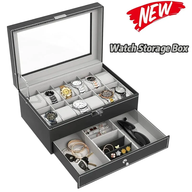 New 12 Slot Leather Lockable Watch Storage Boxes,Men & Women's Jewelry Display Drawer Case, 2-Tier Organizer Watch Showcase