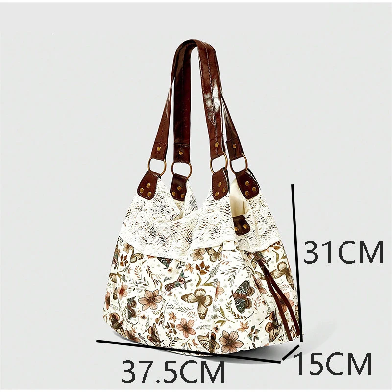 Mori Girl Ditsy-Blumenmuster-Schultertasche mit Spitzenbesatz und Patchwork-Design, Damen-Handtasche im Colorblock-Stil, leichte Vintage-Bohemian-Chic-Tasche – Detail 1