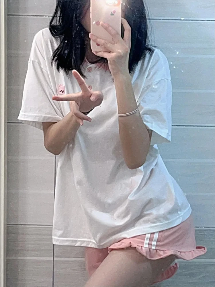 

Kawaii штаны для сна, женские повседневные штаны с панелями, домашний бант, вышивка, девичий японский стиль, универсальная гостиная, эстетичная летняя одежда для подростков