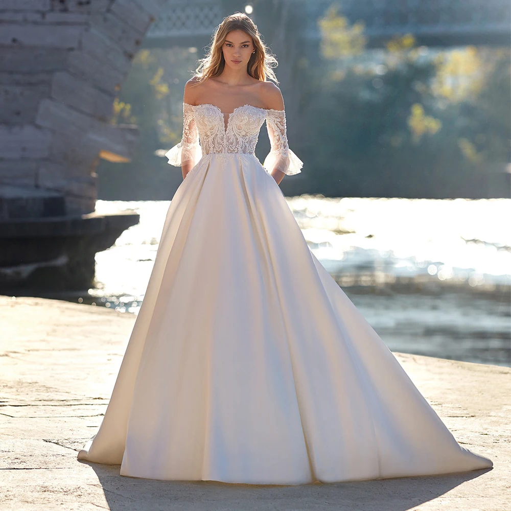 

Gorgeous Bride Wedding Dresses Half Sleeves Off the Shoulder Applique A-Line Tulle and Satin Floor Length Gowns Customized New