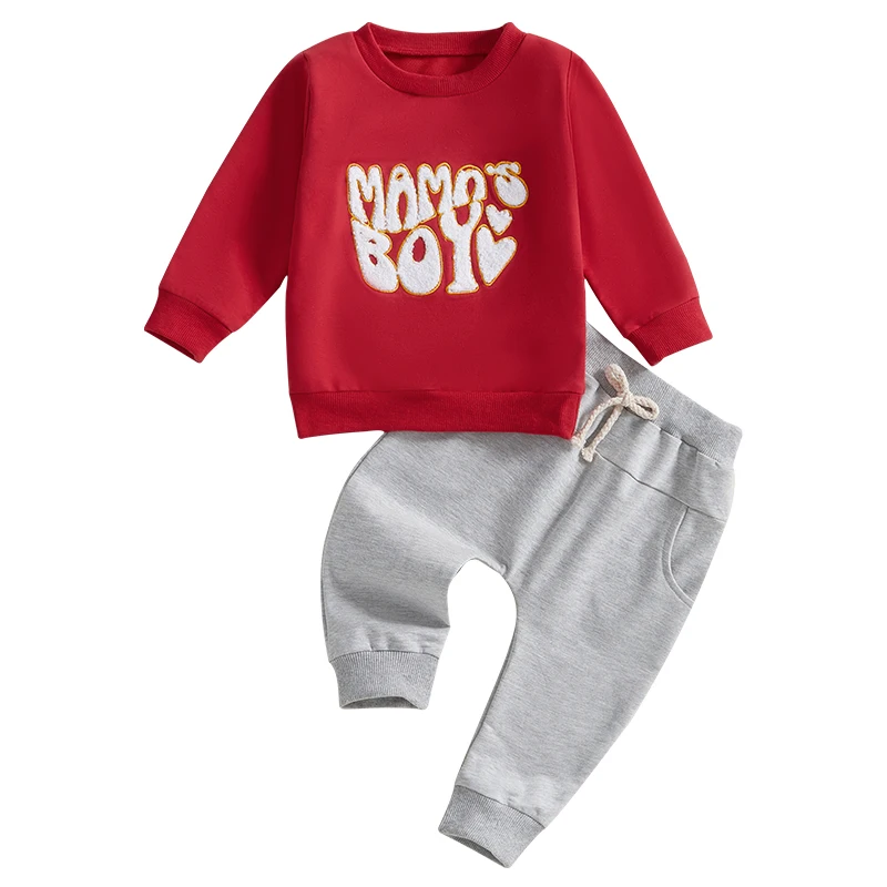 Toddler Boy Valentine s Day Outfits Letter Embroidery Long Sleeve Sweatshirt with Solid Long Pants Set