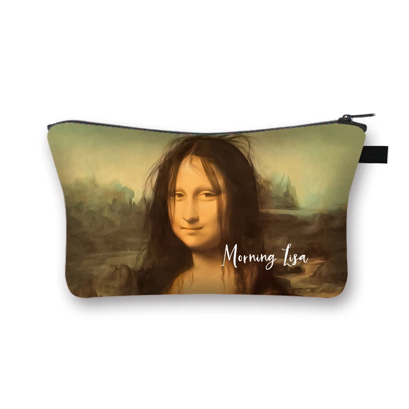 Divertente Mona Lisa Print Makeup Bag Morning Lisa Cosmetic Case Zipper Toiletry Wash Bags Women fashion Pouch Small Clutch Gift