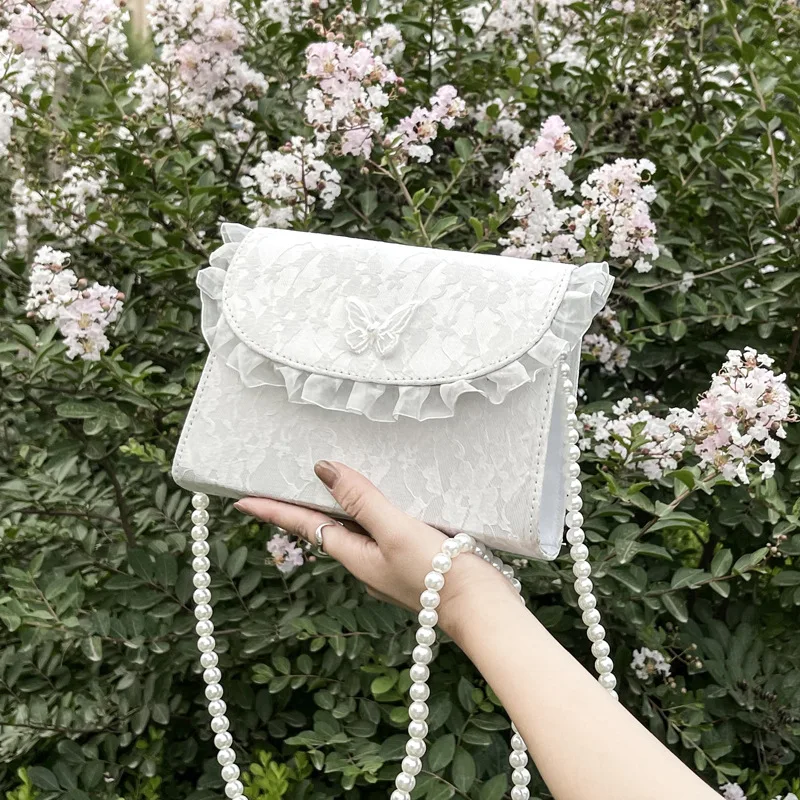 Retro Crossbody Bags for Women Vintage Lace Pearl Chain Ladies Small Square Shoulder Bag Female Clutch Purse Handbags Messenger