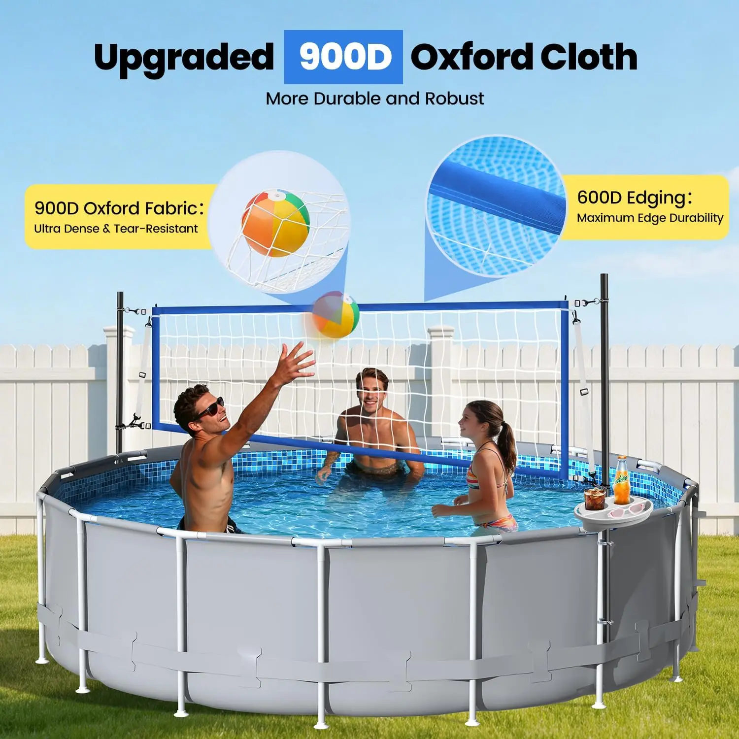 Volleyball Net Set for Above Ground Pools with Storage Tray – Adjustable 10-20 FT Width Anti-Sagging Pool Volleyball Net – Outdoor Poolside Game Accessories Includes Ball, Pump, Poles view 6