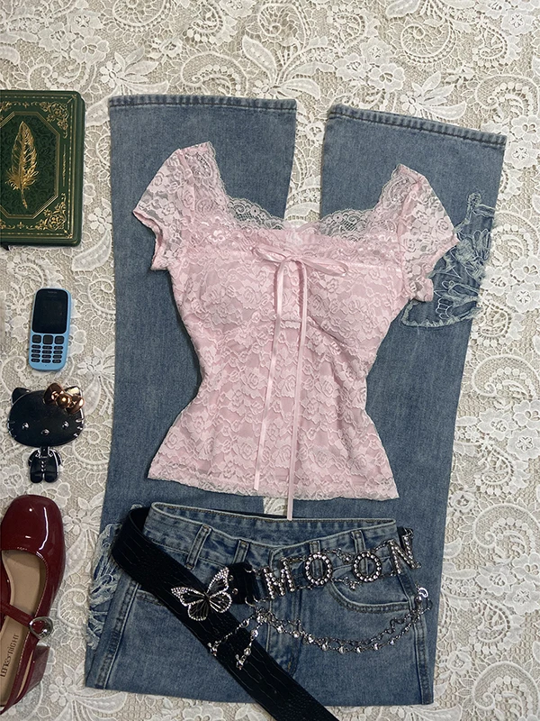 Słodka koronkowa bluzka dla kobiet z węzłem, żółto-brązowa, vintage, letnia, BaoYao Girl, oryginalny projekt, mieszanka bawełny.