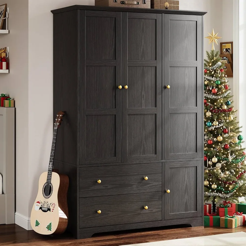 

3 Doors Wooden Wardrobe Closet Armoire with Pull Out Pants Rack, Bedroom Large Capacity Armoire with Drawers and Shelves