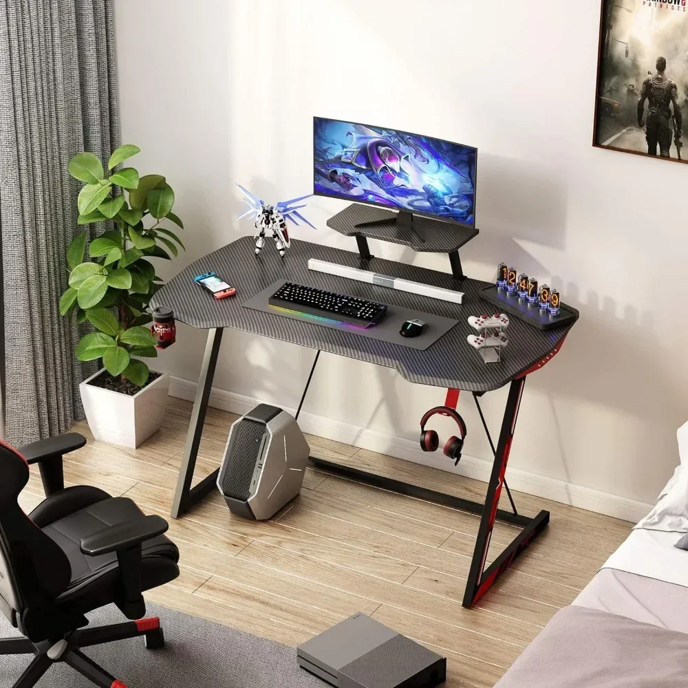 Gaming Desk with LED Lights, Small Gaming Table Desk 39 inch Z Shaped, Gamer Desk Ergonomic Sturdy, Computer Desk, Black