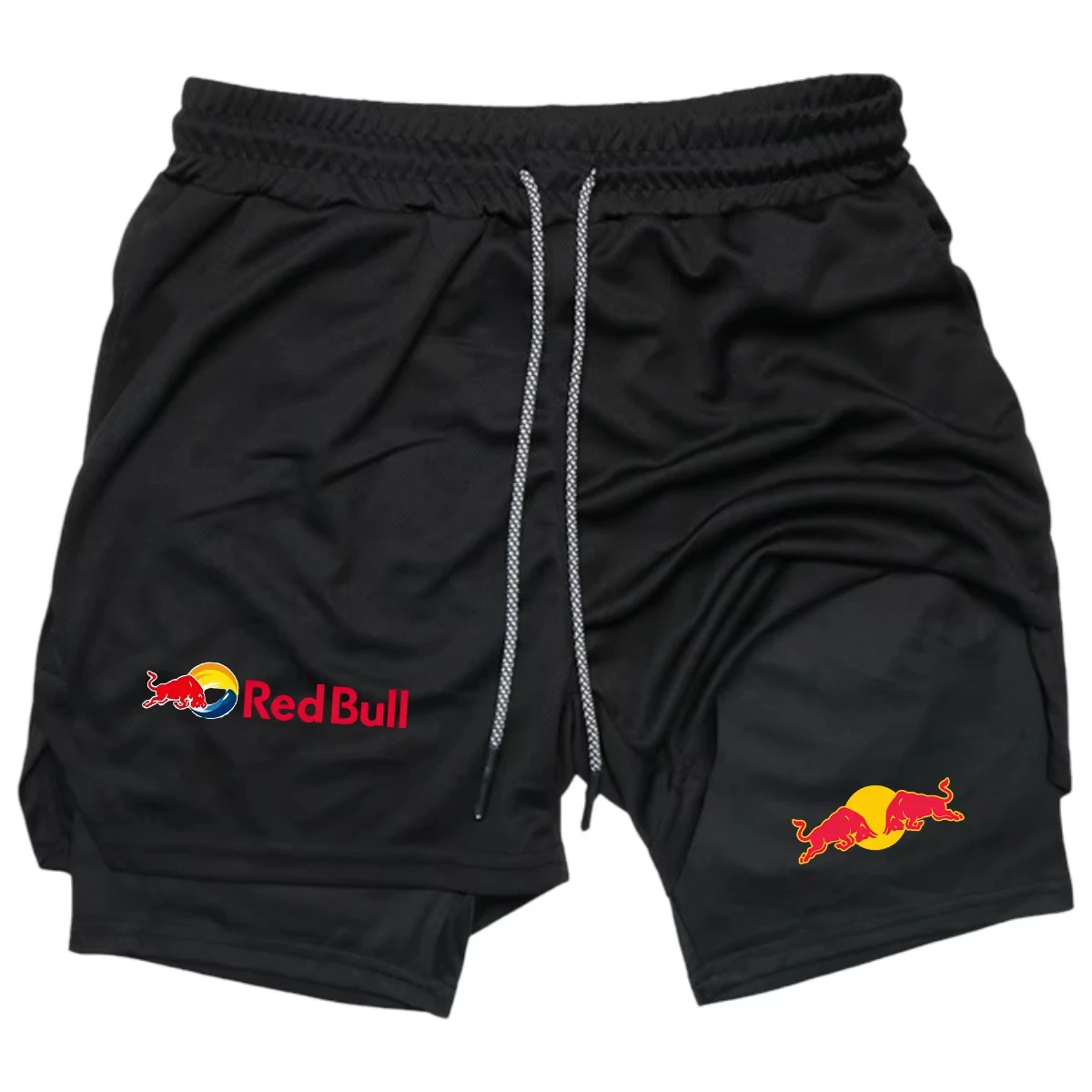 Men's Double Layer 2 in 1 Sports Shorts with Red Bull Logo Breathable Ideal for Gymming Compression Quick Dry Lightweight Fitnes