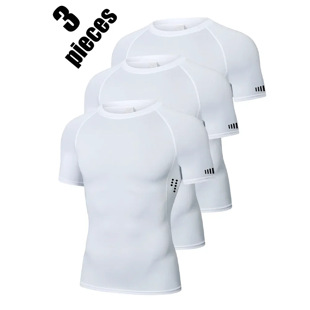 

3 Piece Compression T Shirt Men Summer Running T-shirt Elastic Quick Dry Sport Tops Tee Athletic Gym Workout Shirts