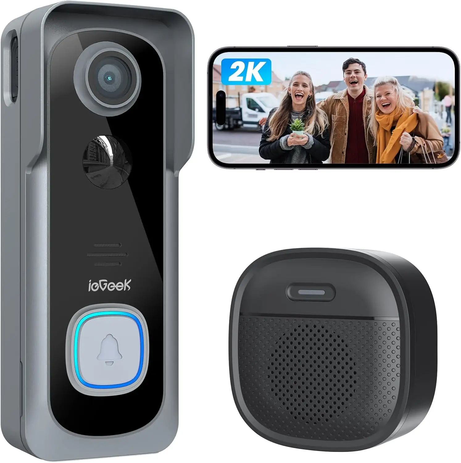 

Wireless Doorbell Camera with 2K HD, Motion Detection, 2-Way Talk, Free Cloud Storage & Chime