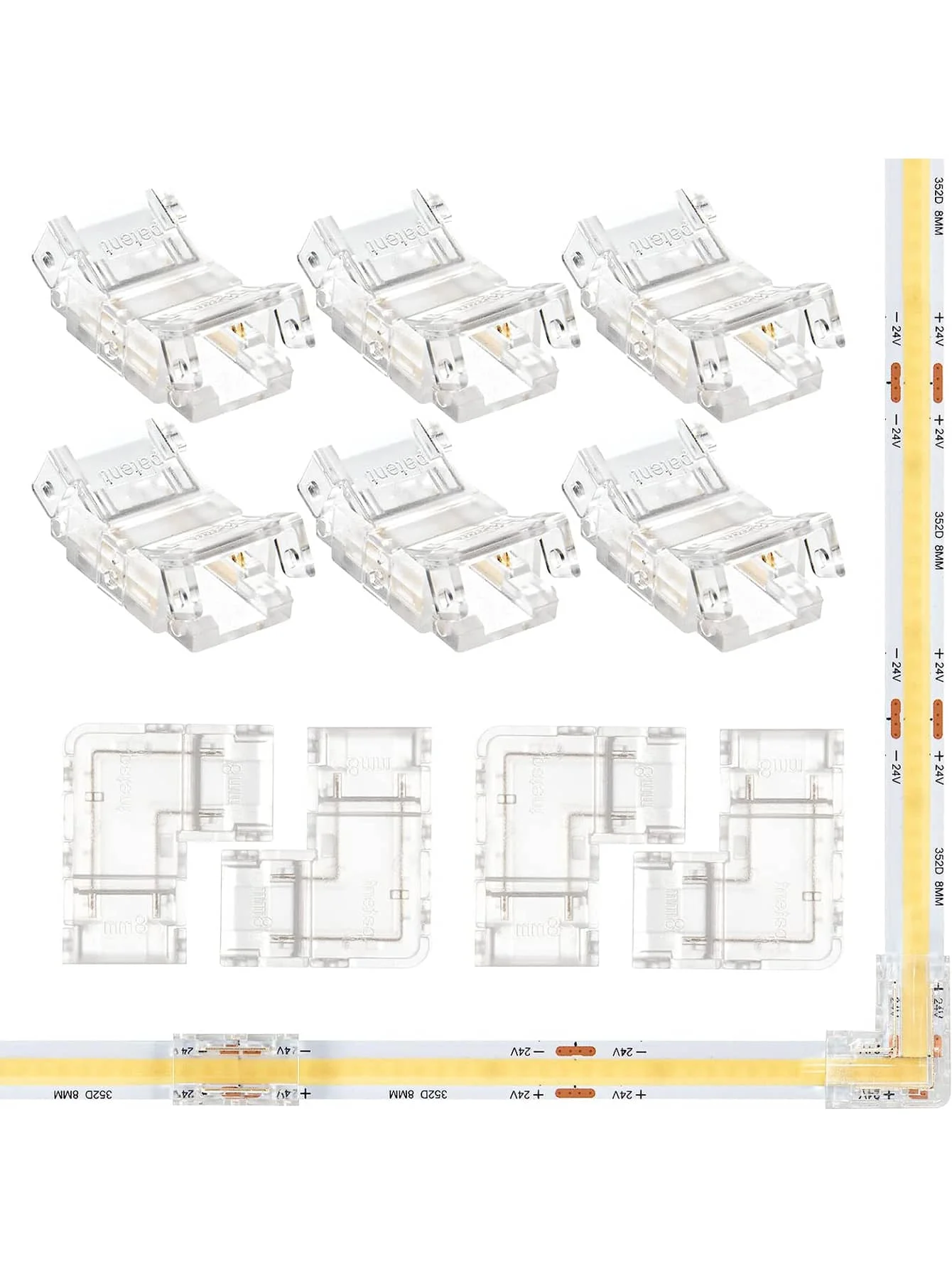 8mm Wide LED Strip Connector Kit, 2pin L-Shaped COB LED Connectors and 8mm 2pin COB LED Strip to Strip Connections No Soldering