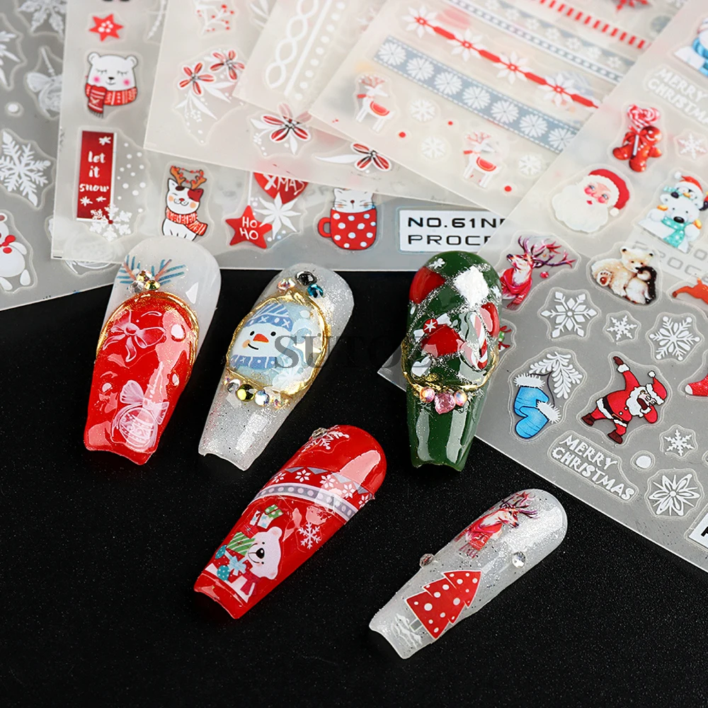 3d Cartoon Santa Claus Nagel Stickers Winter Decoratie Sneeuwvlokken Ijsbeer Hert Nagel Sliders Kerst Manicure Stickers NTNO-61