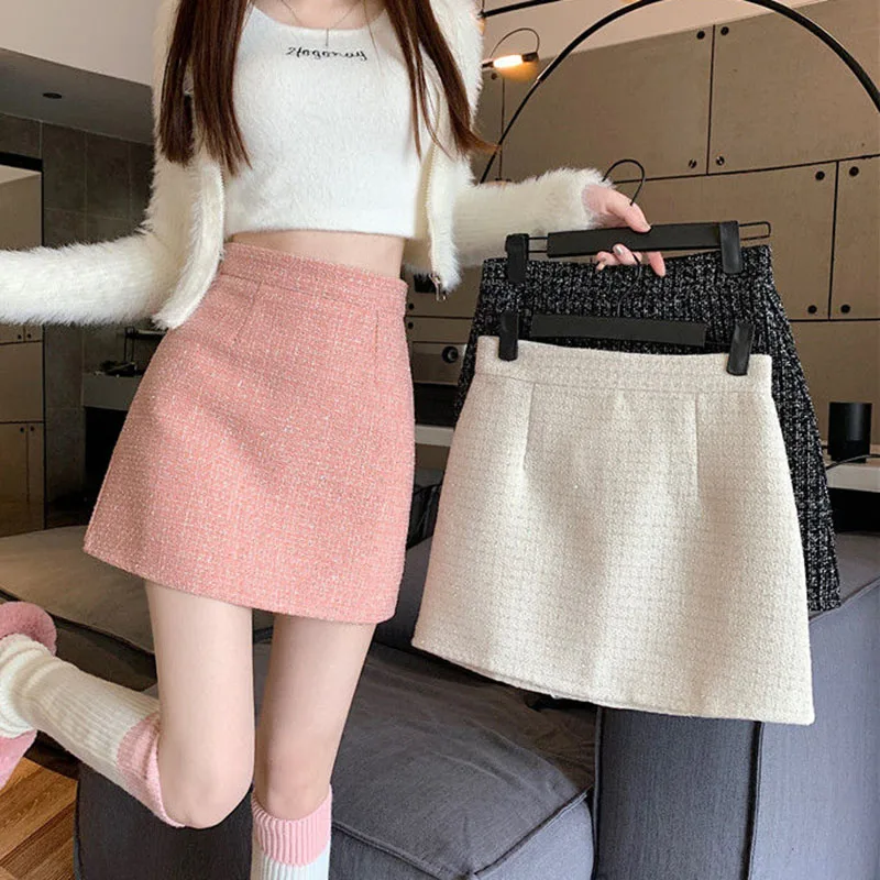 Lucyever Korean High Waist Tweed Skirt Women Fashion Temperament Streetwear Mini Skirts Woman Solid Color All-match A-line Skirt