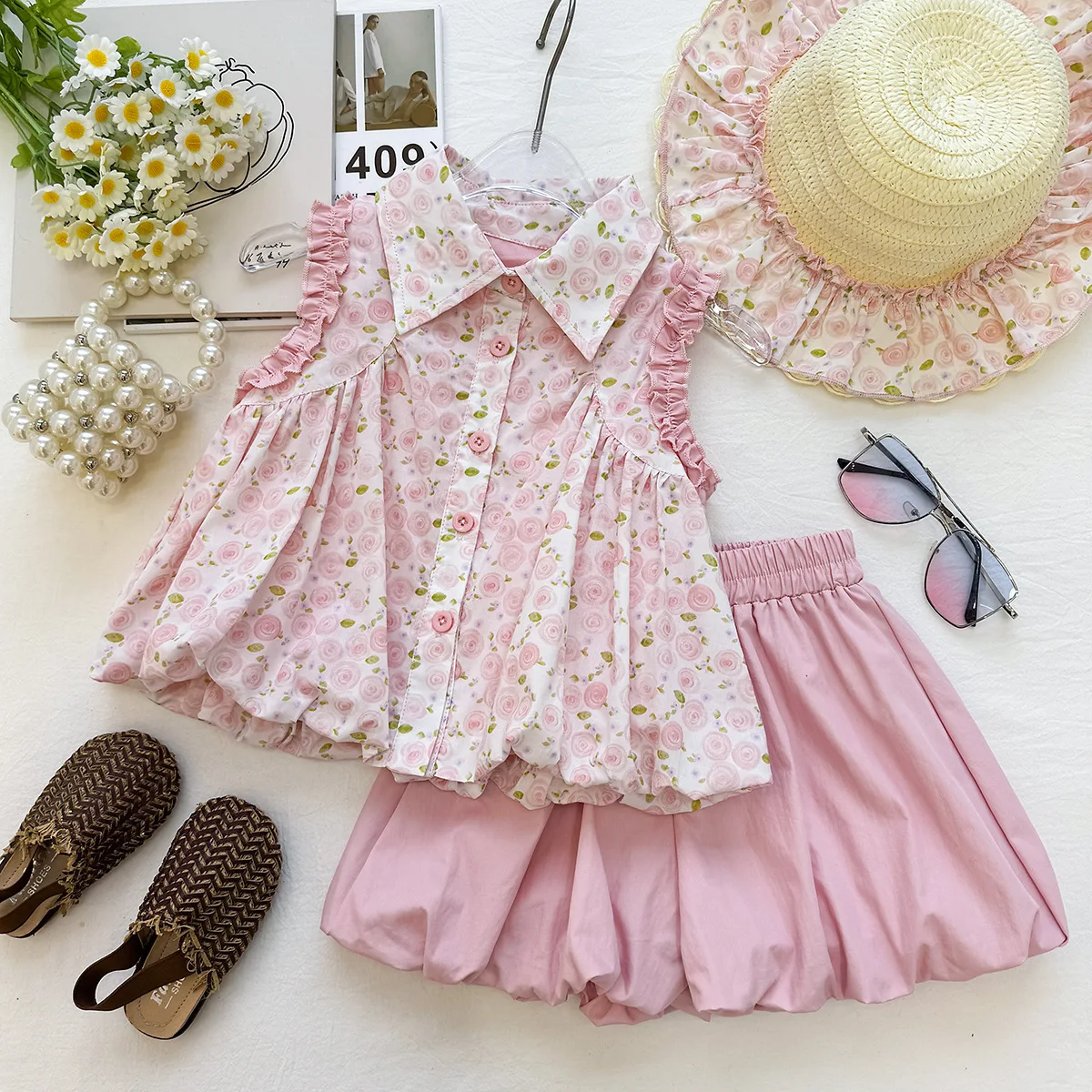 

2026 Summer New Korean Style Girls 2 Piece Outfits Cute Floral Print Sleeveless Top & Bud Pants Set Fashion Baby Girls Clothes