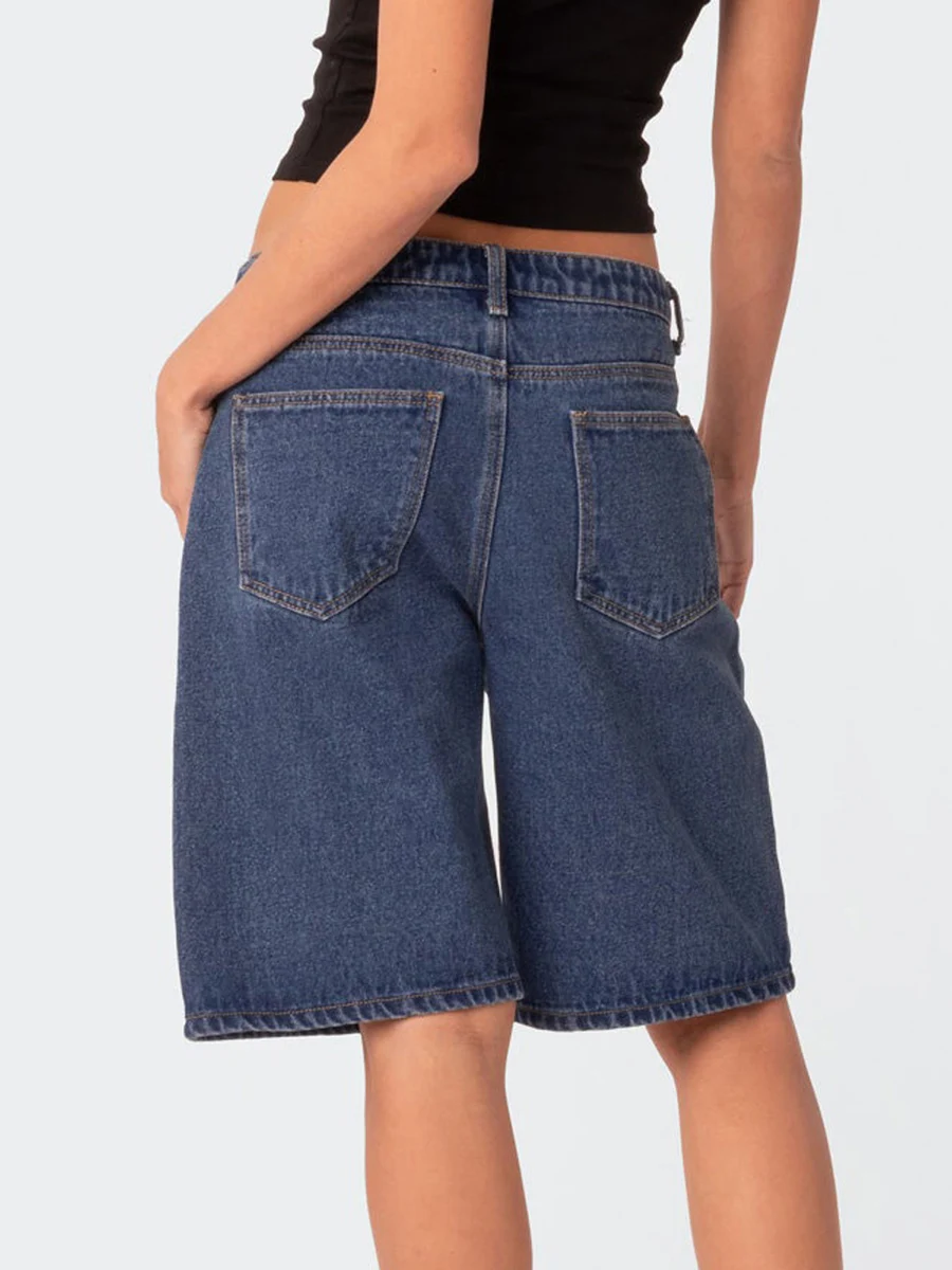 Knielange Jeans shorts für Damen trend ige Mode einfarbige Jeans shorts mit hoher Taille und lockerer Passform und Taschen für Sommer-Streetwear