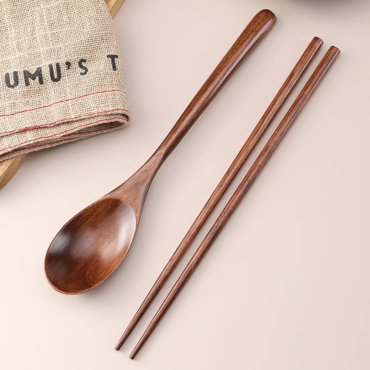 1 wooden tableware set of 1 wooden spoon & 1 Pair of chopsticks，Natural Wood Spoon & Chopstics,Environmentally friendly material