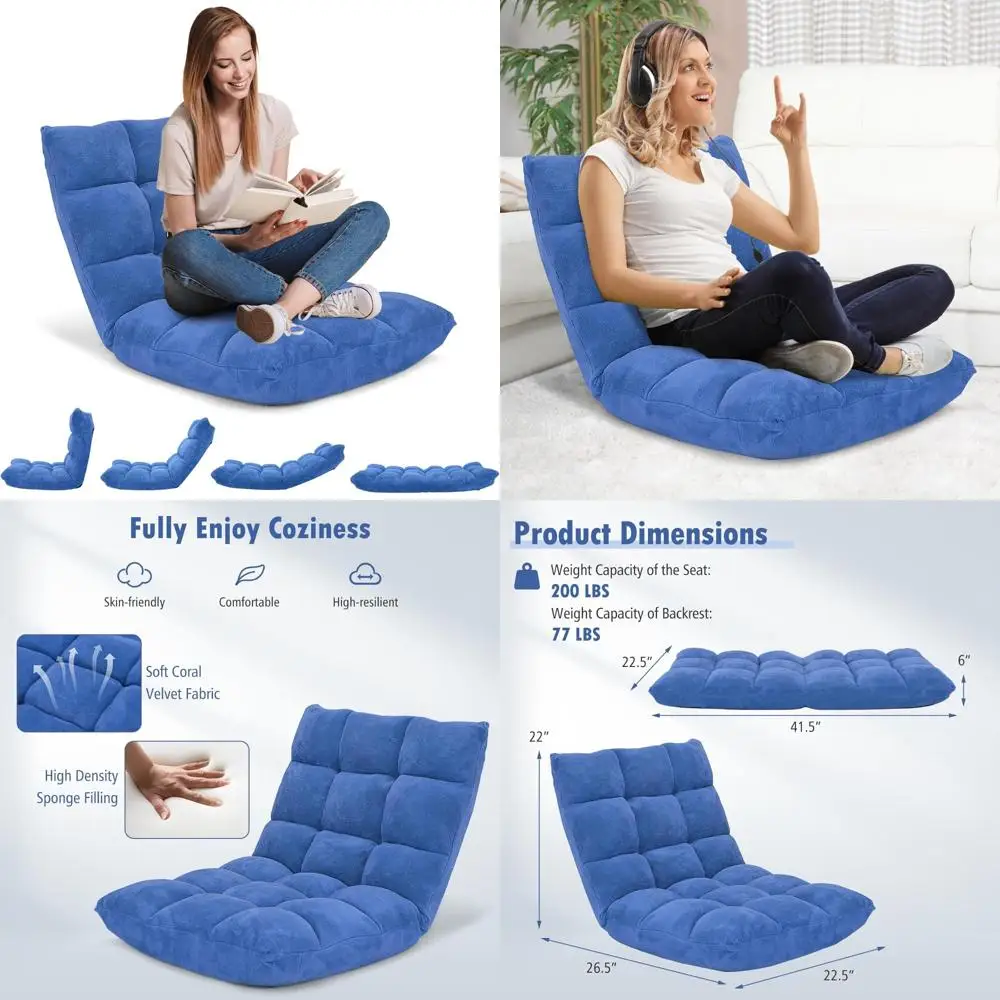 เก้าอี้เล่นเกมแบบมีเบาะรองพื้นพร้อมพนักพิงปรับได้ ผ้ากำมะหยี่สีคอรัล 14 ตำแหน่ง เบาะหนา ตัวเลือกการนั่งแบบพื้น