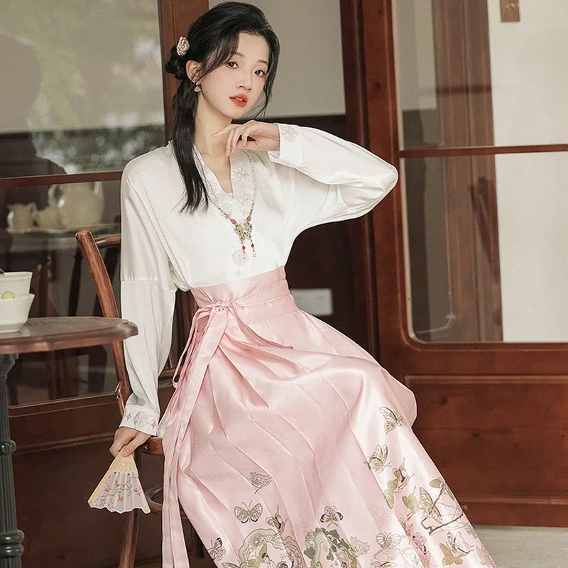 Female Elegant Gentle Hanfu Set New Chinese Style Improved Hanfu Pink Print Horse Face Skirt White Shirt Vintage Mamianqun Suit