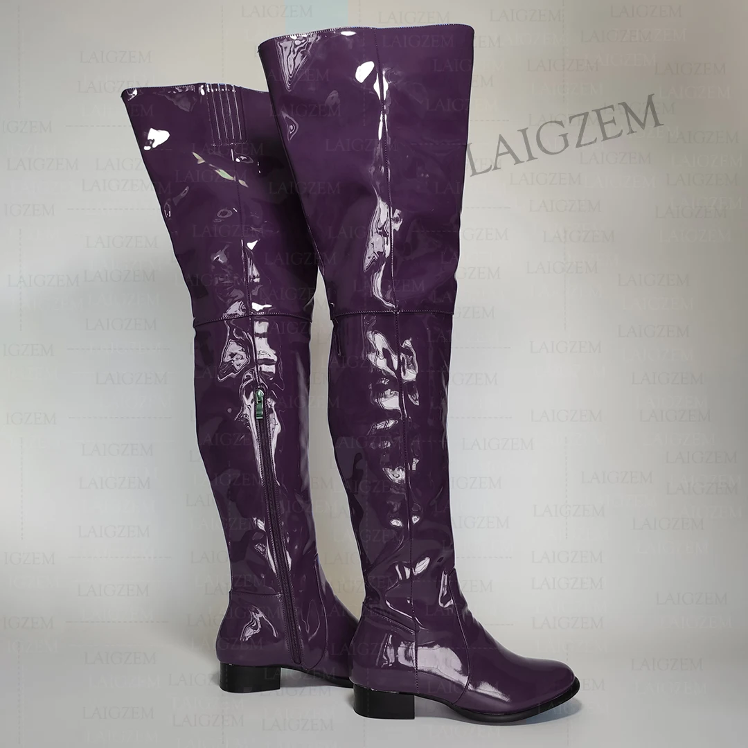 ZHIMA Women Boots Over Knee Round Toe Side Zip Low Heels Tall Thigh High Boots Handmade Ladies Shoes Woman Big Size 39 42 43 52