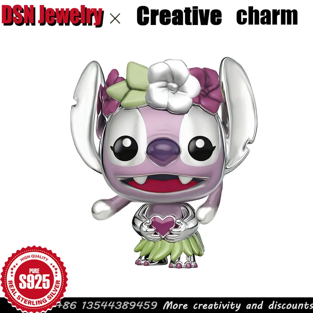 

Disney 925 Silver Charm Stitch Angel Figure Hawaiian style grass skirt bead for Bracelet Child's Play Charm Luxury Jewelry Gift