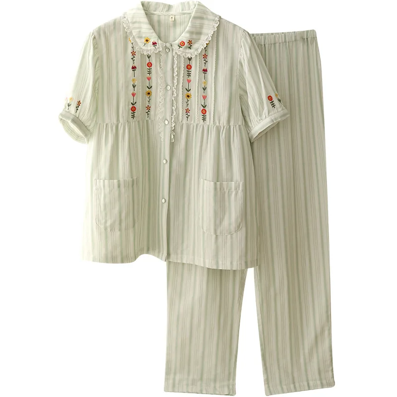 Sweet Striped Soft Cotton Pajamas Sets For Women Long Pants Loose Delicate Embrodiery Girls Spring Summer Sleepwear Home Clothes