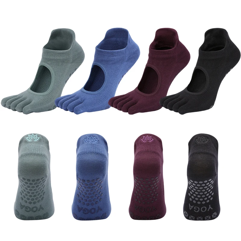 Non Slip Yoga Socks Women Backless Five Fingers Socks Gym Fitness Sports Pilates Dance Ballet Cotton Embroidered Toe Socks