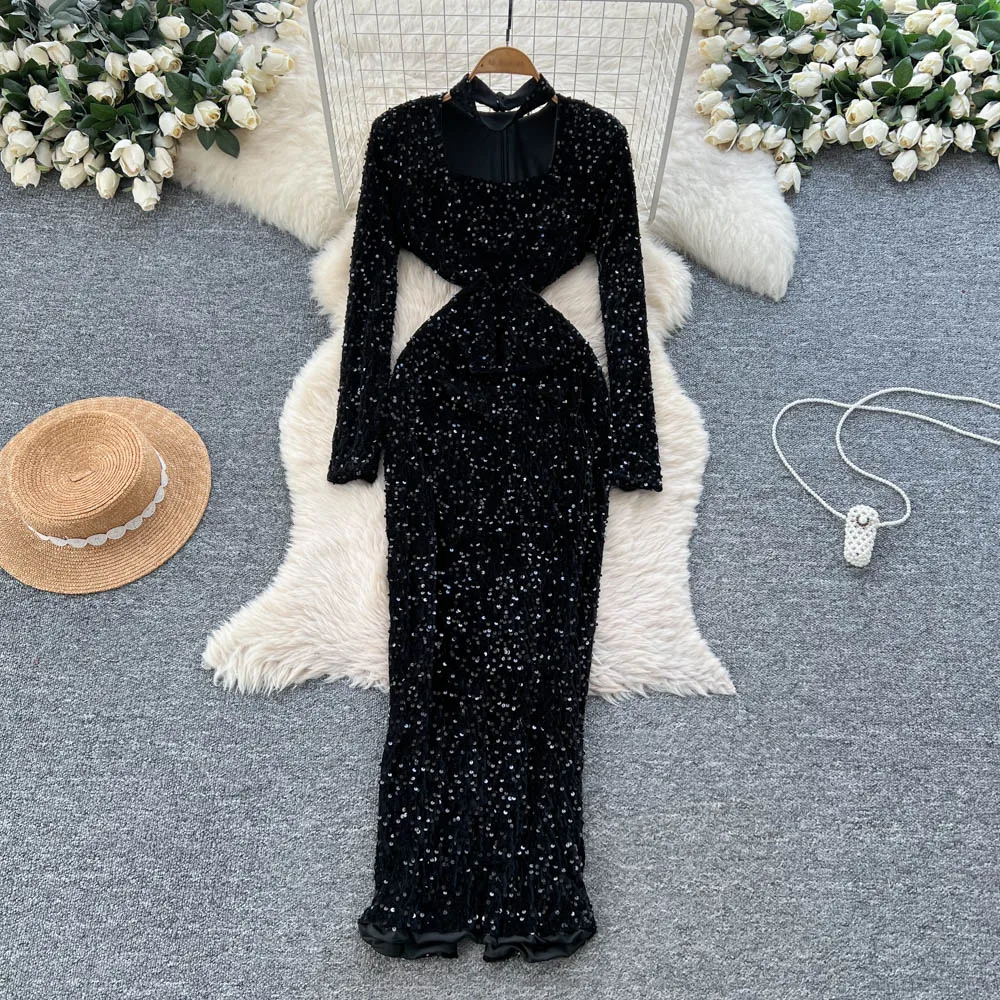 Chique vintage halter veludo manga longa elegante fada coreano moda vestido de verão roupas femininas vestido longo