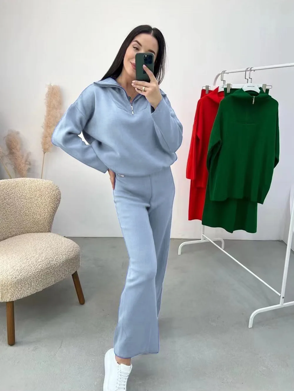 Wixra Women Sets Solid Autumn Winter Zipper Collar Pullover Sweater+High Waist Trousers Knitwear Elegant Female Suits