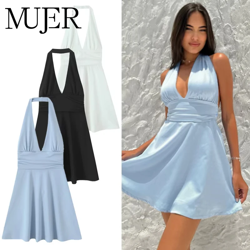 MUJER 2025 Neckholder Kurze Kleider für Damen Weiß Schwarz Rückenfreie Damenkleider Sommerparty Minikleid Damen Strand Damenkleid