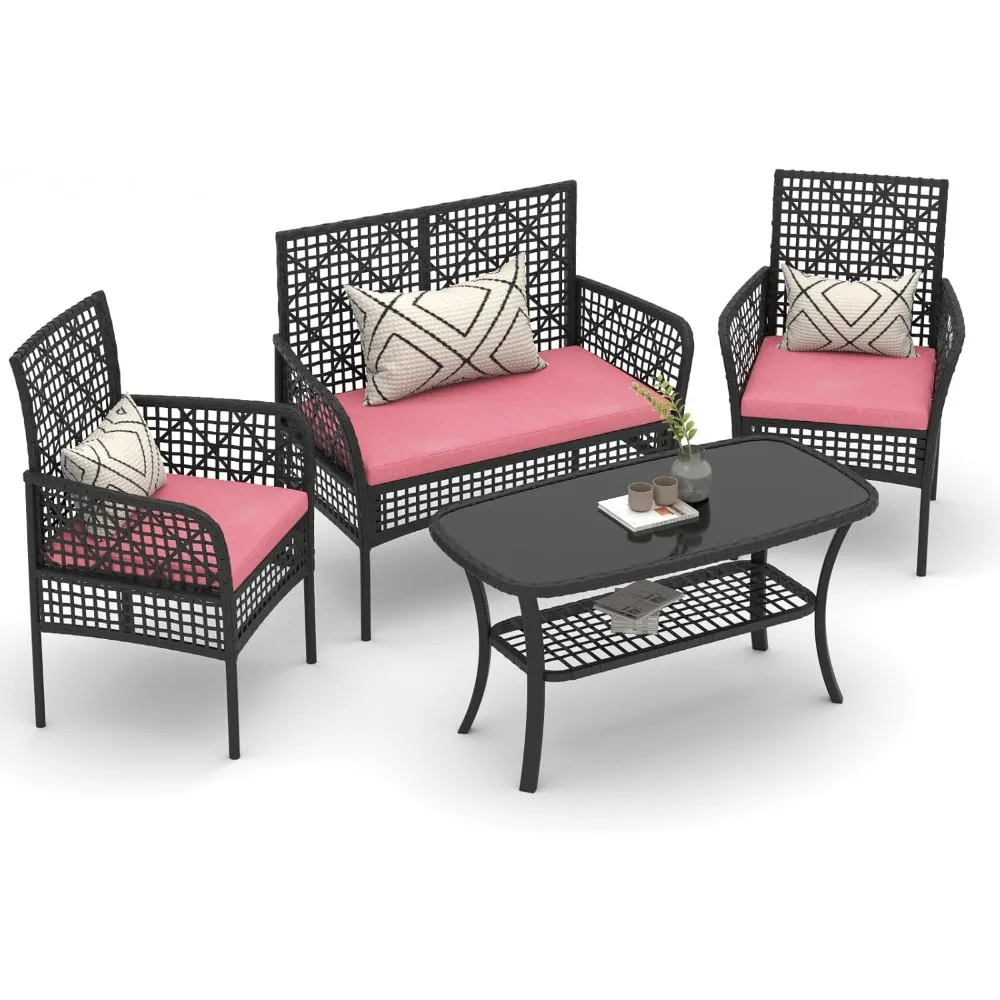 

4 Pieces Outdoor Patio Furniture Set, PE Rattan Wicker Garden Conversation Chairs with Tempered Glass Table and Soft Cushions fo