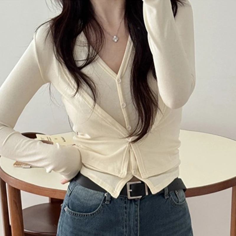 Korean Dongdaemun Halter Neck Long Sleeve T-Shirt Sexy Hottie Slim Fit Versatile Elegant Women's Top Spring New Solid Knit Tees