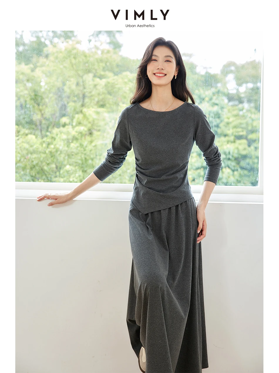 VIMLY Women's Elegant Solid Long Skirt Sets Off-The-Shoulder Long Sleeve Hem Irregular Tops Elastic Waist Skirt Autumn Suit