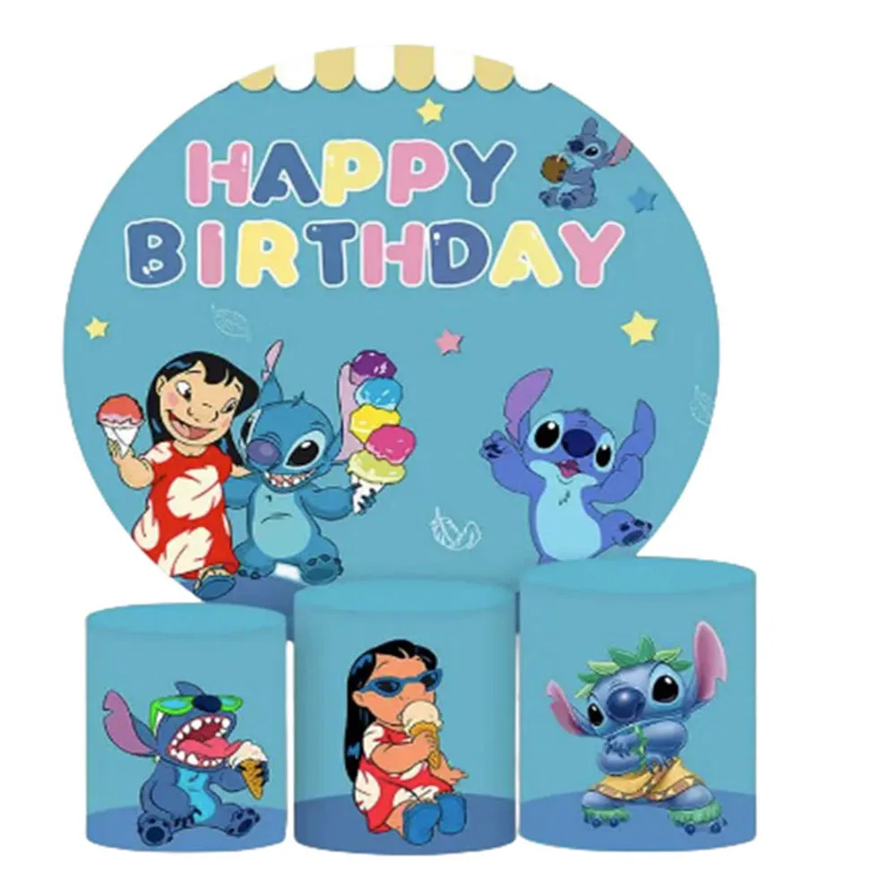 Lilo & Stitch Round Backdrop With 3 Cylinder Covers Background For Photography Baby Shower Birthday Party Decor Dessert Table