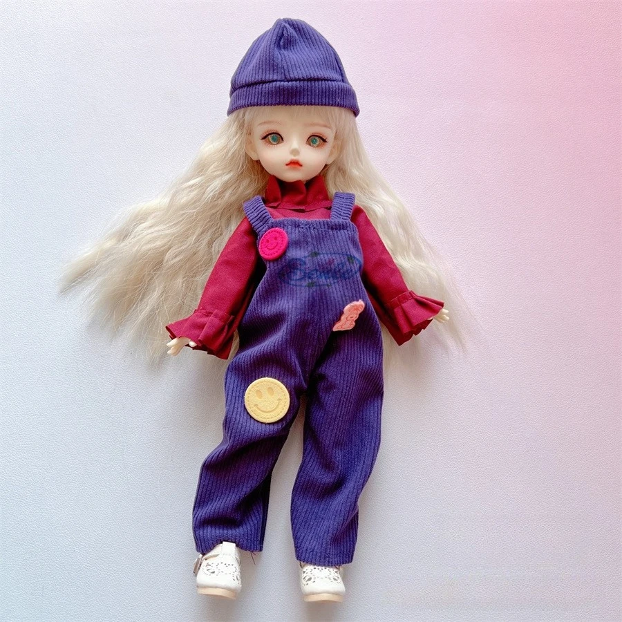 Pink Purple Corduroy Overalls 6 Points BJD Doll Cute Bear Patch Flutter Sleeve Clothes Bucket Hat 30cm Dolls Dress Up Set Gifts