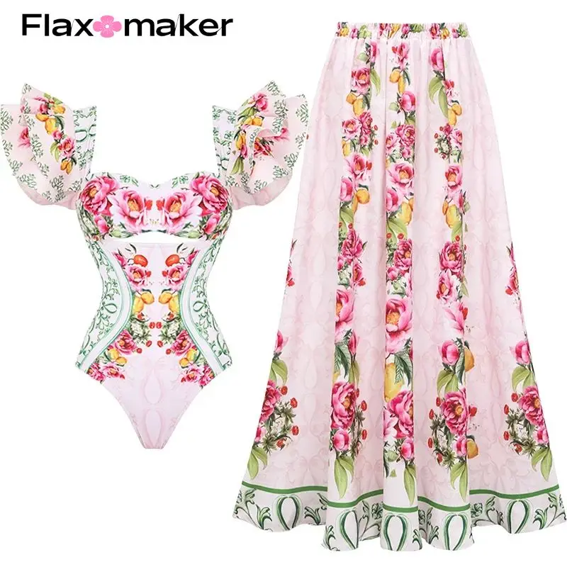 FLAXMAKER Ruffle Cut Out Lemon Floral Pattern Print One Piece Swimsuit and Skirt Swimsuit Wholesale