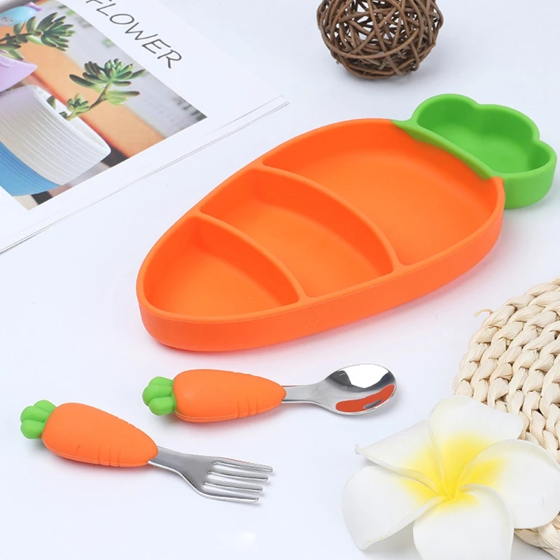 Practical Baby Silicone Tableware Feeding Bowl Spoon Fork Plate 4-piece Set