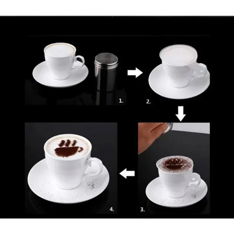 Stainless Steel Chocolate Shaker Cocoa Flour Coffee Sifter or 19Pcs Coffee Stencils Template Strew Pad Duster Spray Set images - 6