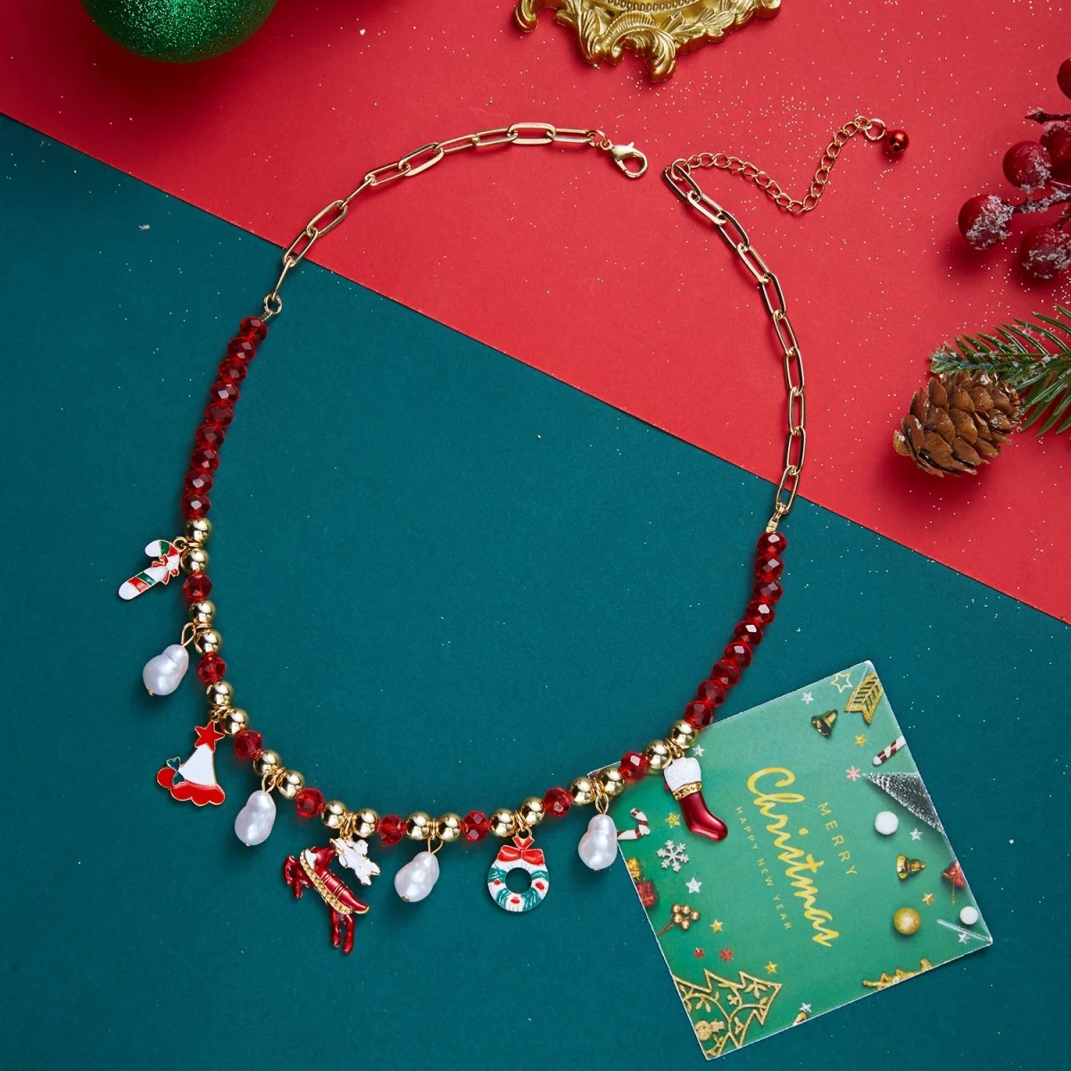 Weihnachtsbaum, Schneemann, Weihnachtsmann, Kranz, rote Kristall-Halskette für Damen und Herren, Weihnachten, Schneeflocken, Glocken, Hirsch, Halsband, Neujahrsschmuck – Detail 32