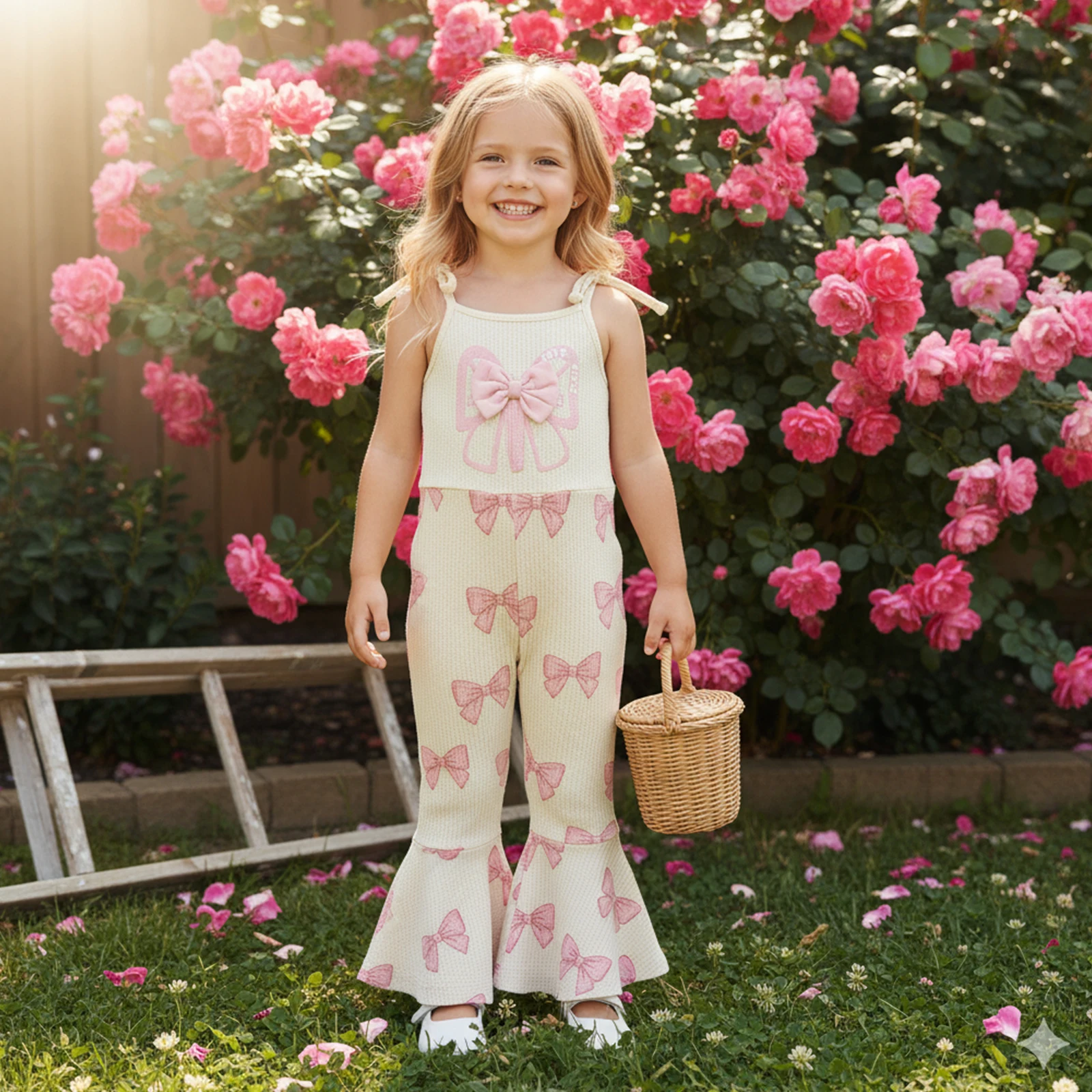 Kids Little Girls Valentine's Day Cami Jumpsuit Summer Sleeveless Bow Print Tie Shoulder Playsuit Suspender Flared Pants