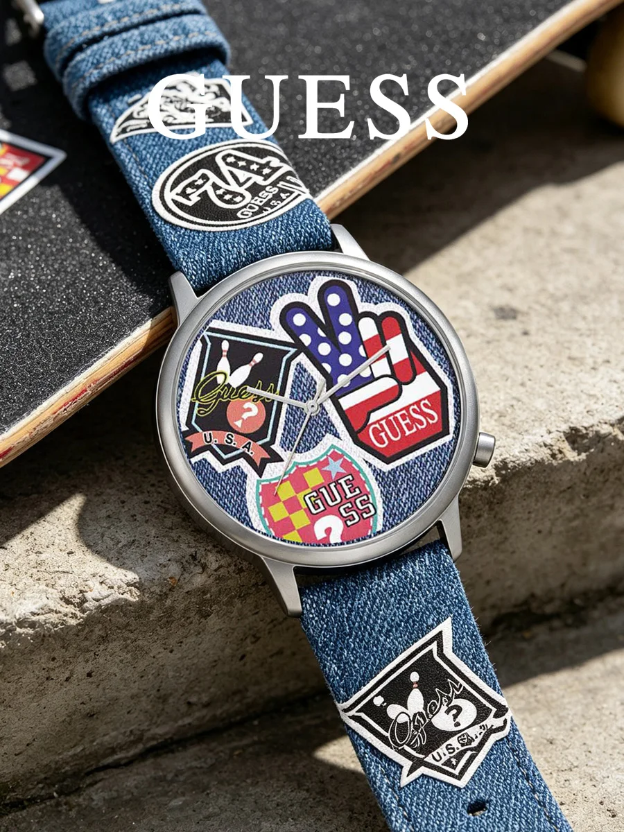 Guess Hollywood Pico Round Stainless Steel Case Colorful Graphic Dial Denim Fabric Strap Watch V1004M1