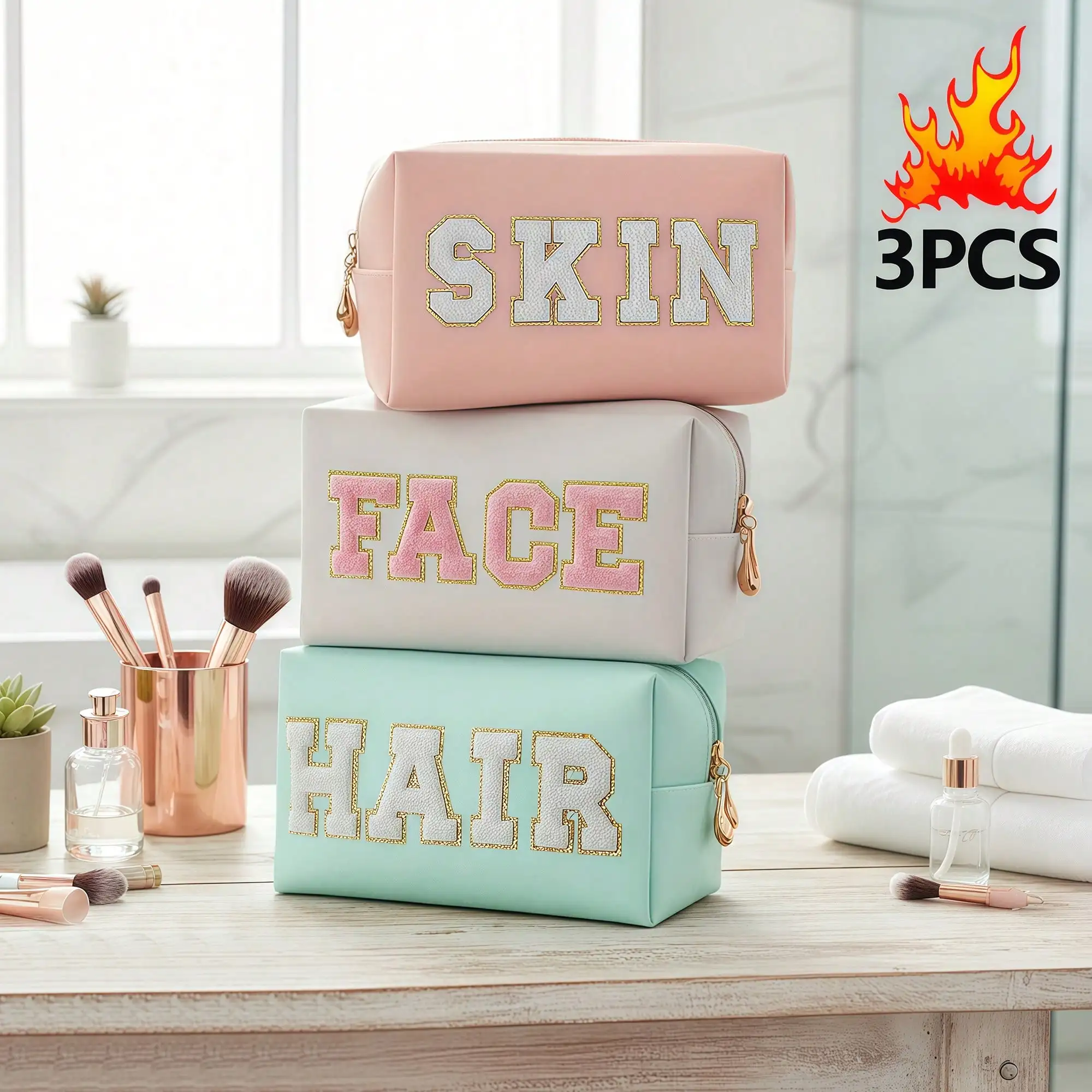 3Pcs Letter Embroidered PU Leather Makeup Bag Travel Toiletry Pouch Portable Cosmetic Organizer Storage Handbag For Women Girls