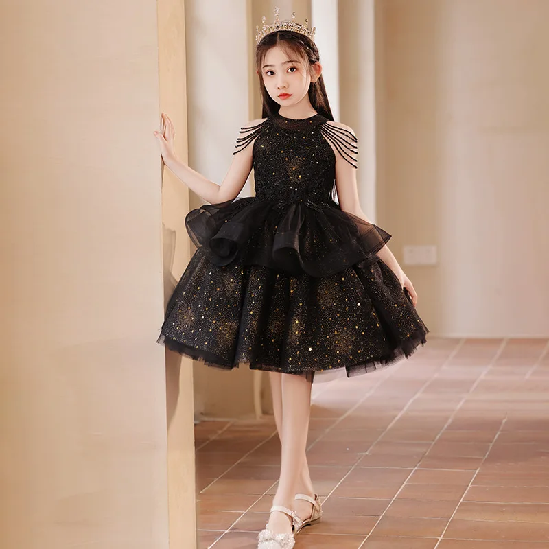 Luxurious Girls Dresses black Beading embroidery halter Ball Gown Flower Girl dress For Wedding Birthday Party Pageant dress