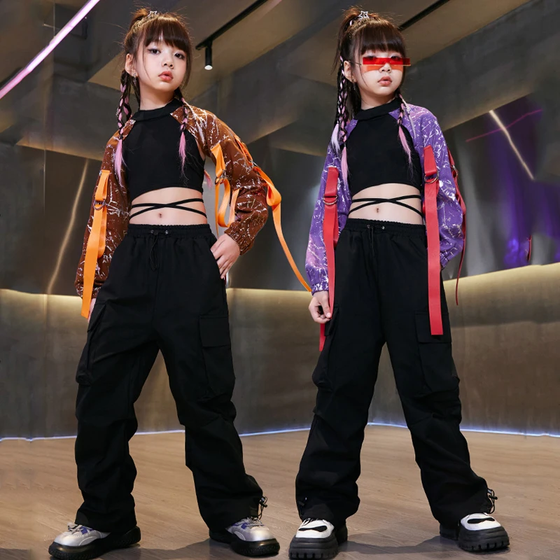 

New Jazz Dance Costumes For Girls Long Sleeved Crop Tops Cargo Pants Suit Children Ballroom Hip Hop Dance Rave Clothes DQS14476