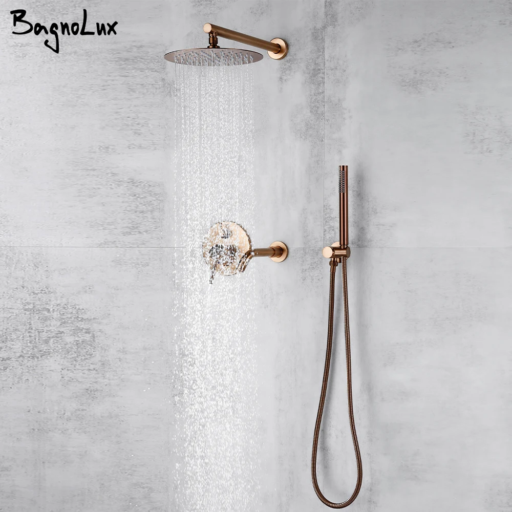 Bagnolux Brushed Rose Gold Brass Hot Cold Water Concealed Rainfall Head Single Handle Mixer Bathroom Tap Bathtub Shower Faucets