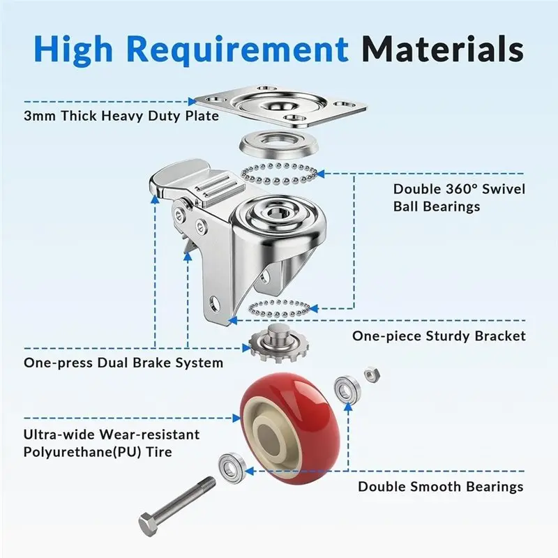 A98E-Large Industrial Plate Casters, 4 Inch Caster Wheels Set Of 2, Heavy Duty Swivel Rolling With Brake For Furniture For Cart