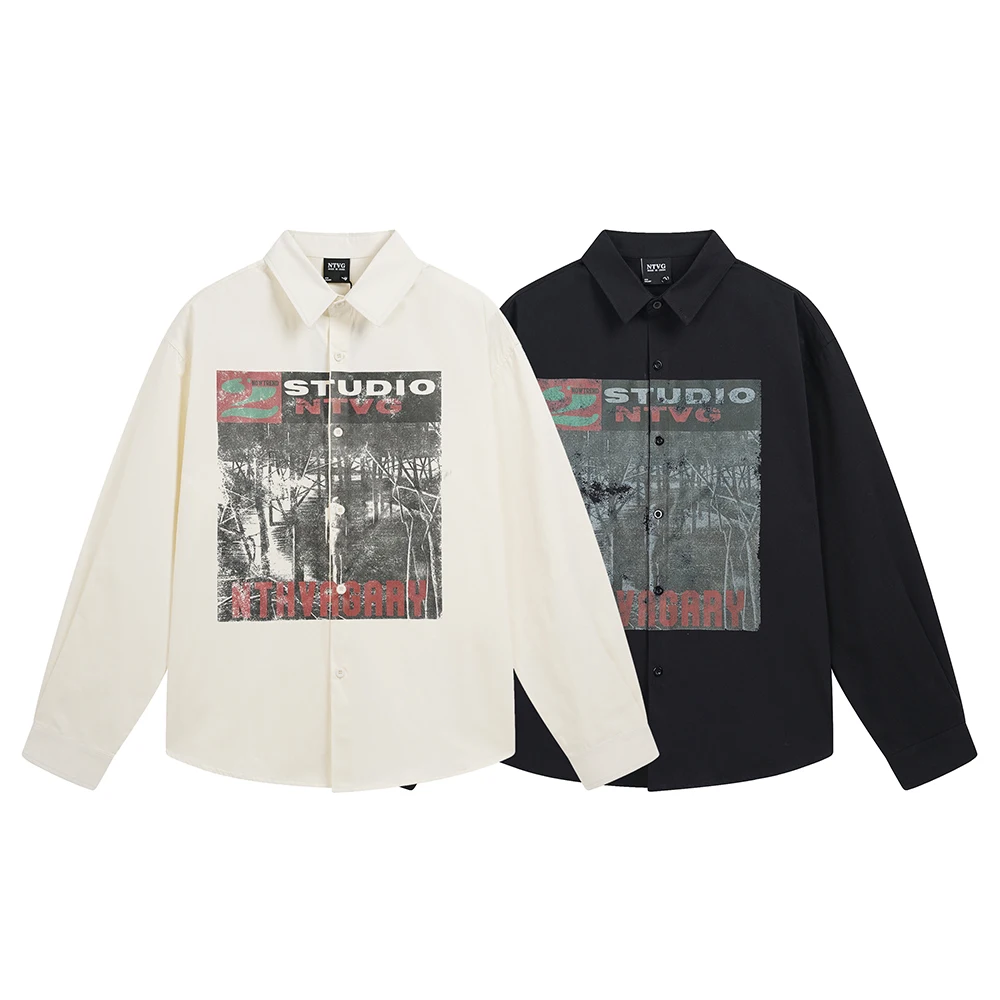 Gothic Printed Men's Shirts Y2k Streetwear Long Sleeve Casual Tops Hip Hop Oversized Shirt Korean Japan Style Designer Clothes